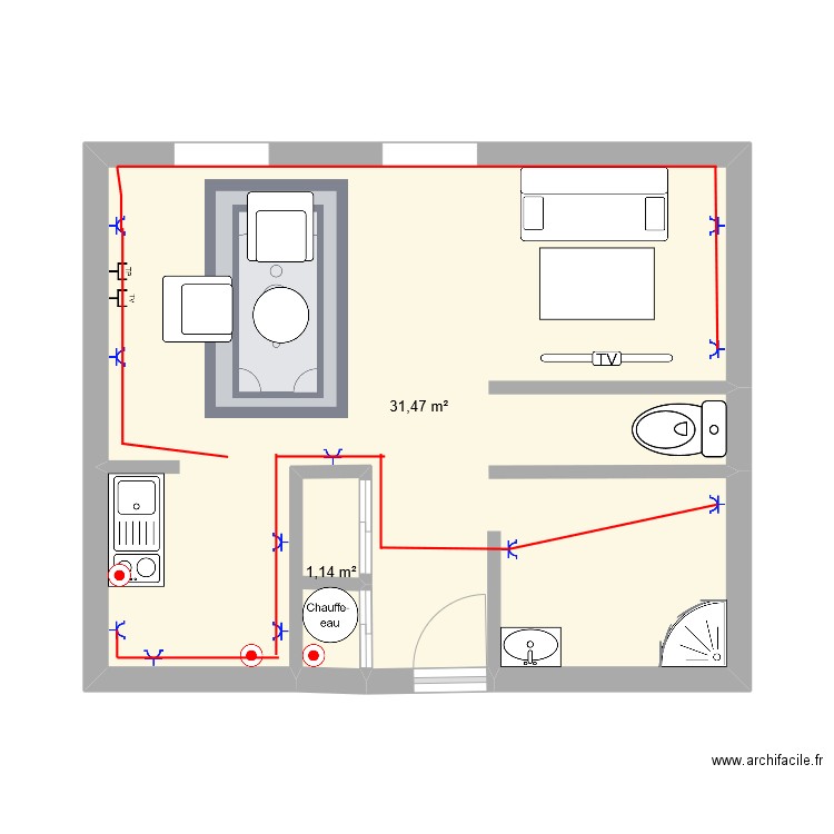 plavon. Plan de 2 pièces et 33 m2