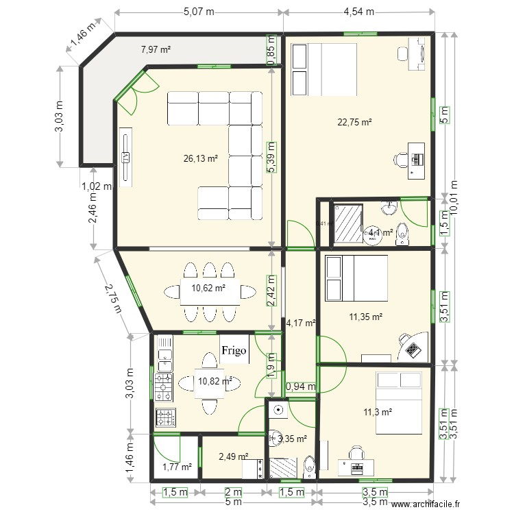 Projet Yde v2. Plan de 13 pièces et 117 m2