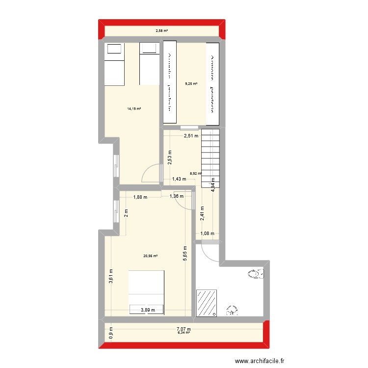 1er etage. Plan de 6 pièces et 62 m2