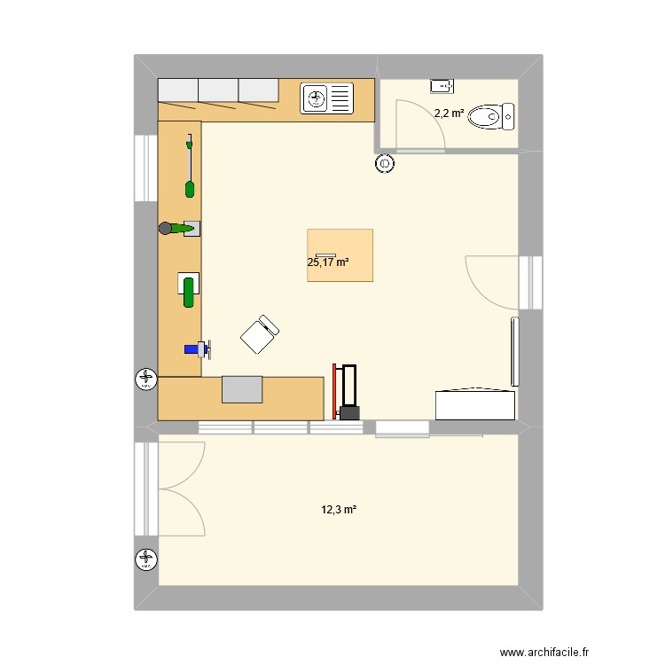 atelier idéal 1. Plan de 3 pièces et 40 m2