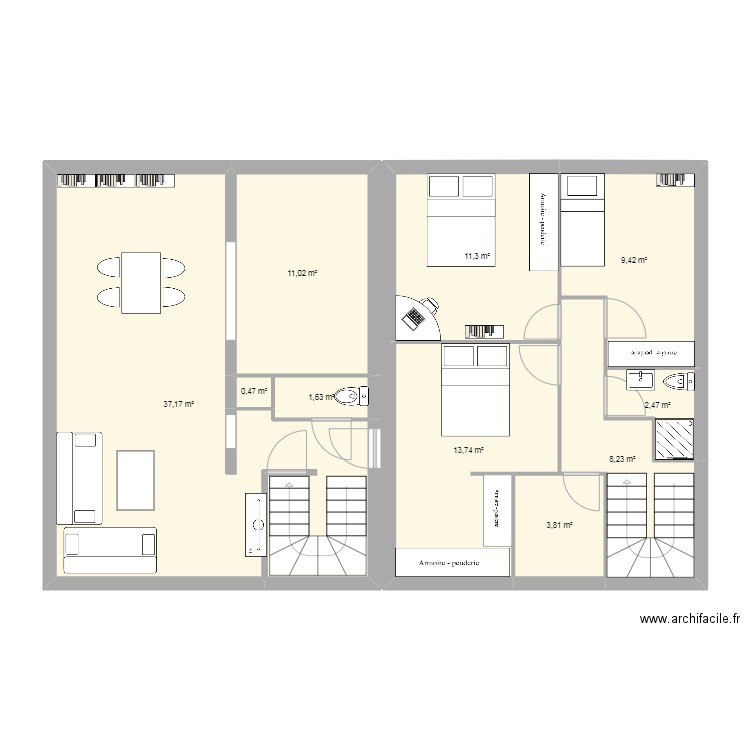 etage. Plan de 10 pièces et 99 m2