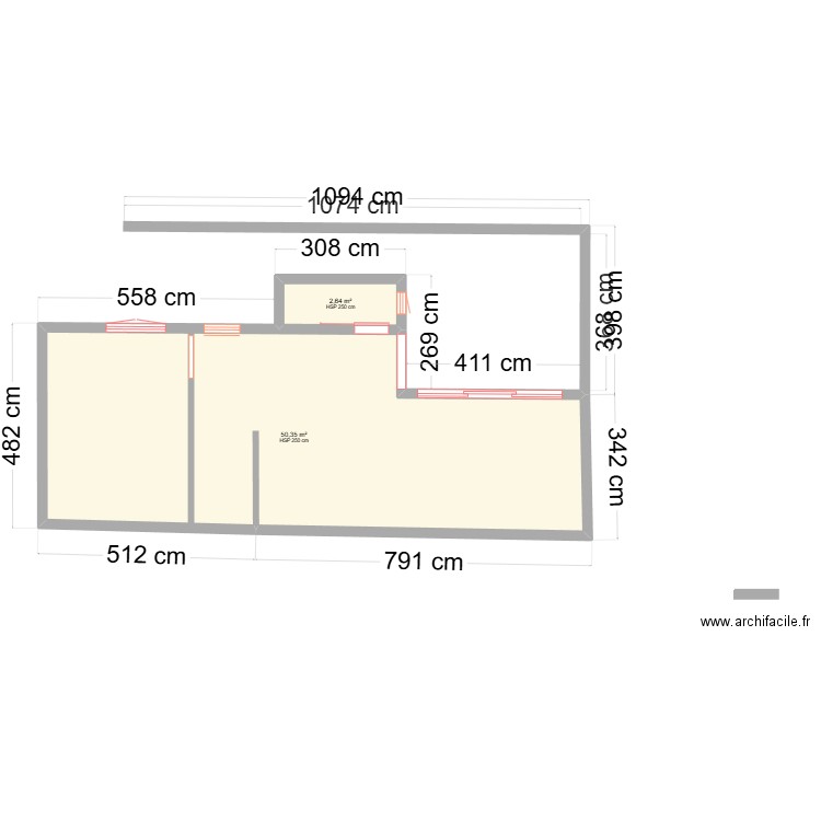 Rez de chaussée. Plan de 2 pièces et 53 m2