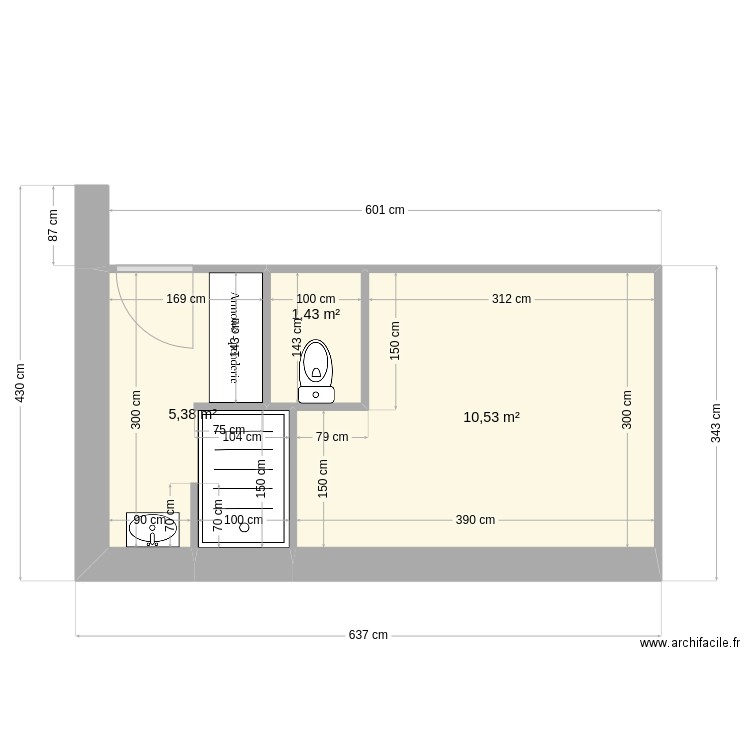 SdB5. Plan de 3 pièces et 17 m2