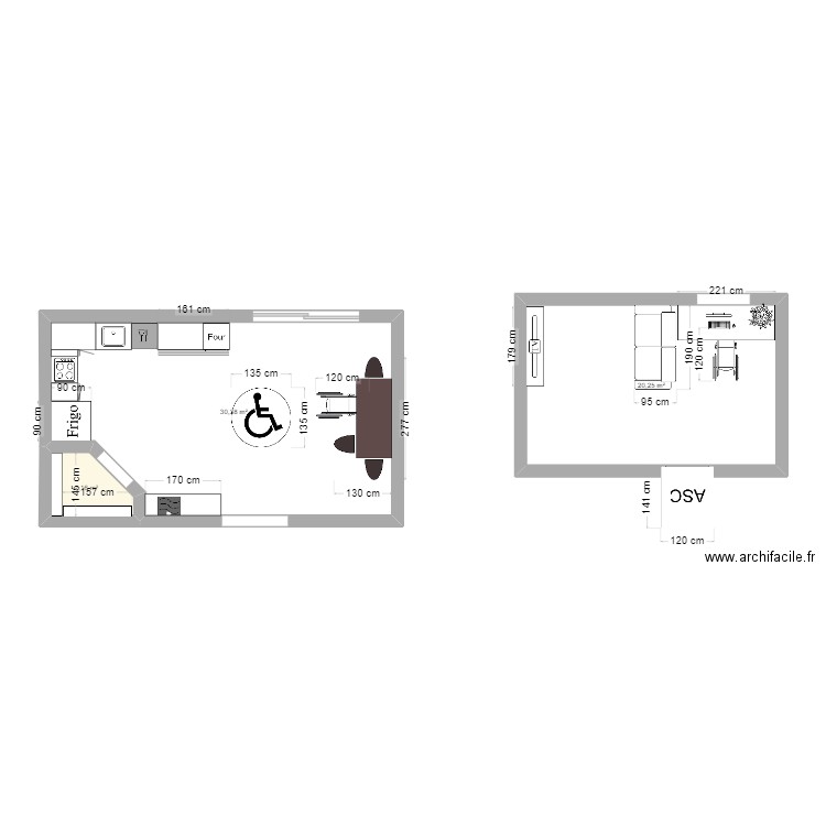 Cuisine + sous-sol adapté ERT3405. Plan de 3 pièces et 53 m2