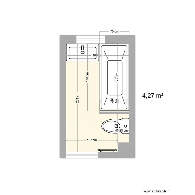 SDB 1er. Plan de 2 pièces et 4 m2