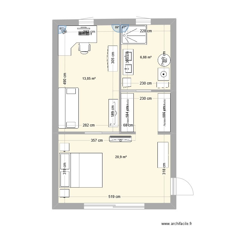 SUITE PARENTALE 3. Plan de 3 pièces et 42 m2