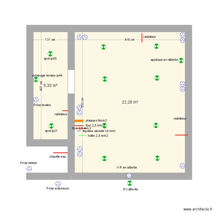 Electricité. Plan de 2 pièces et 28 m2