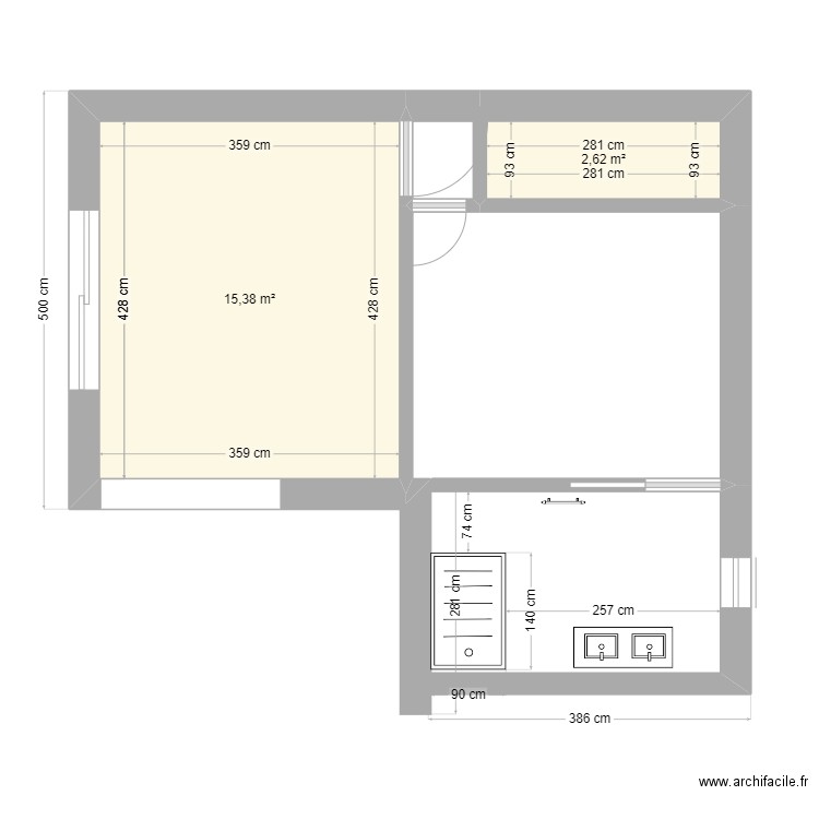 extension. Plan de 2 pièces et 18 m2