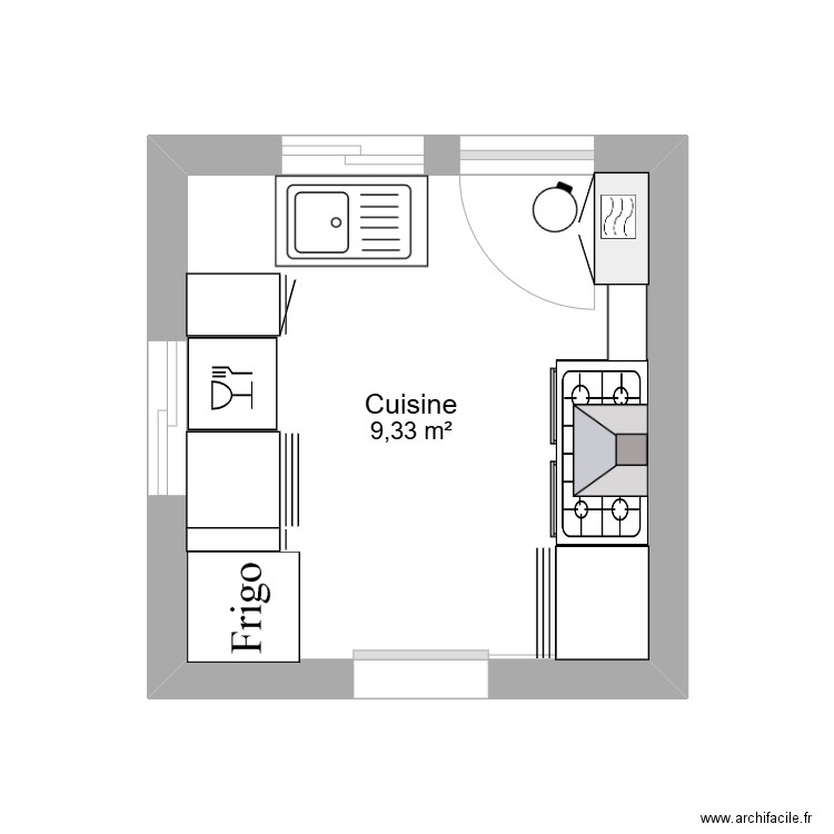 cuisine 2025. Plan de 1 pièce et 9 m2