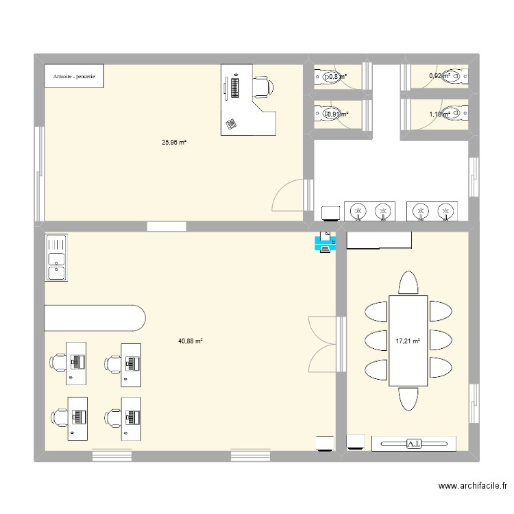 coworkikng. Plan de 7 pièces et 88 m2