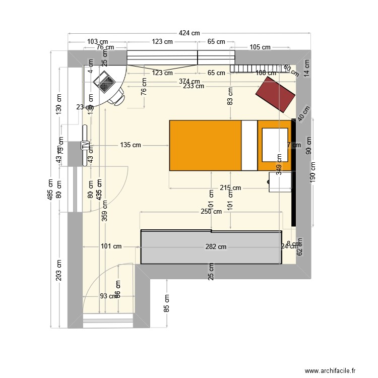 Chambre rdc. Plan de 1 pièce et 14 m2