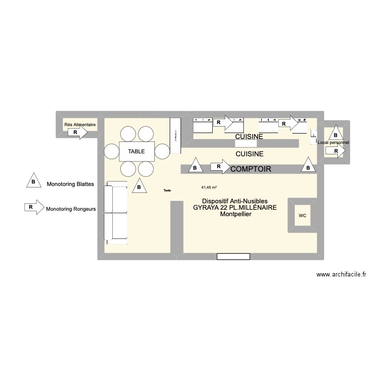 PLAN ANTI-Nuisibles GYRAYA 22 PL DU MILLÉNAIRE, Montpellier. Plan de 4 pièces et 46 m2