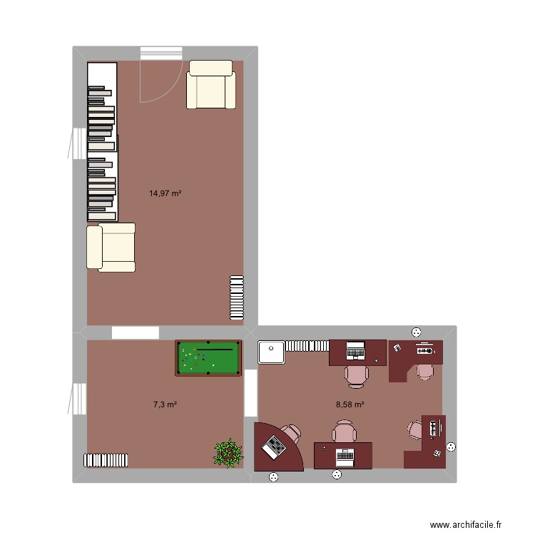 Bibliothèque, travail à ellie. Plan de 3 pièces et 31 m2