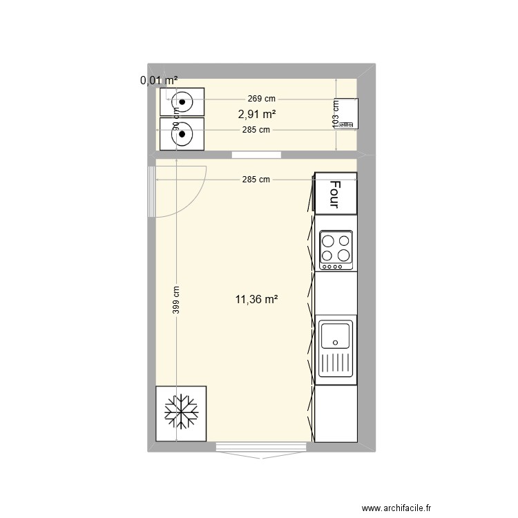 cuisine. Plan de 3 pièces et 14 m2