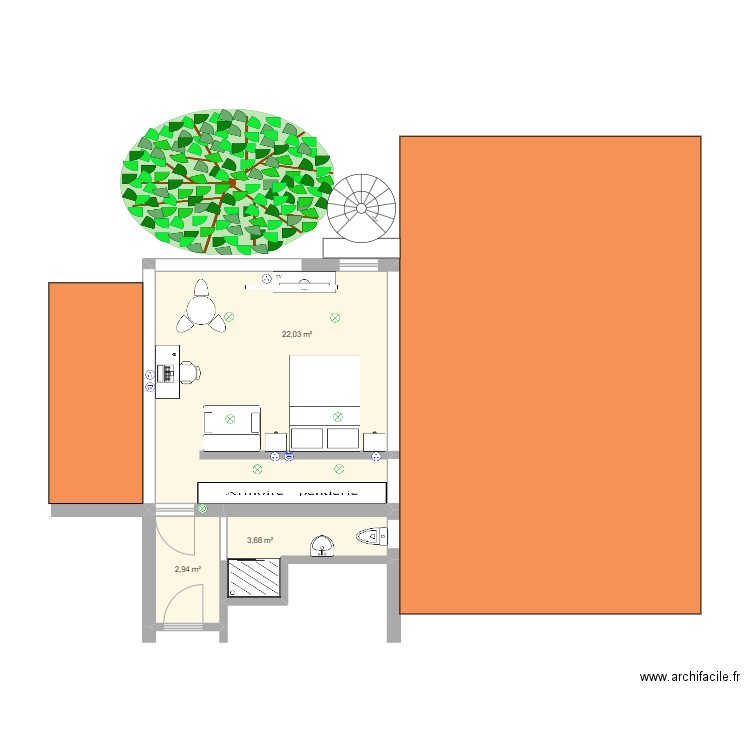 VERANDA. Plan de 3 pièces et 29 m2