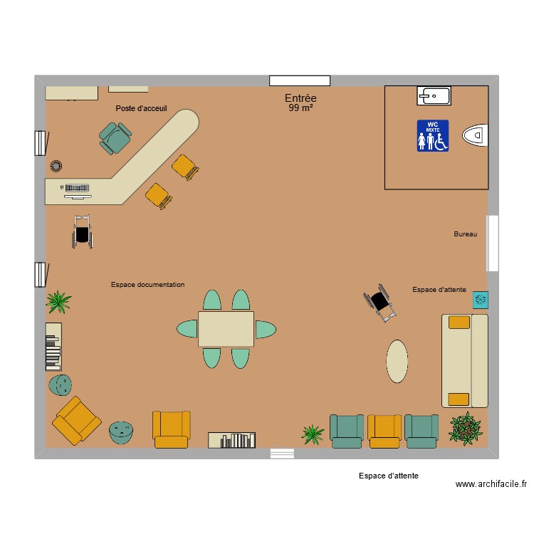 Hall d'accueil norme handicapé. Plan de 1 pièce et 99 m2