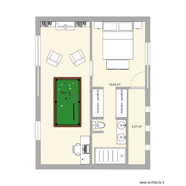 Extension plan 8x6. Plan de 3 pièces et 40 m2