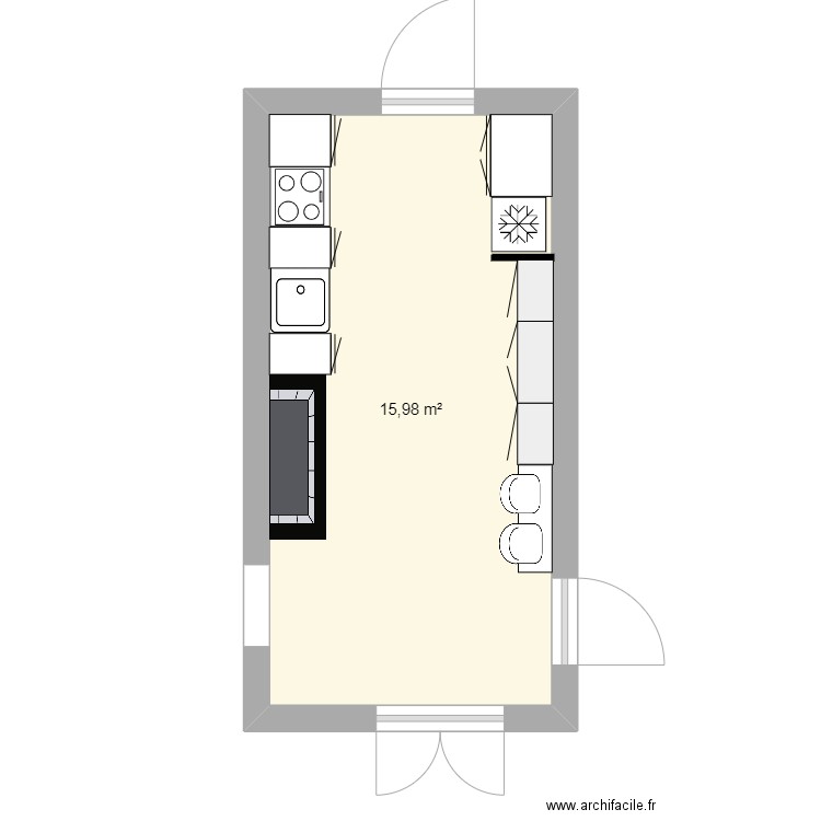 cuisine. Plan de 1 pièce et 16 m2