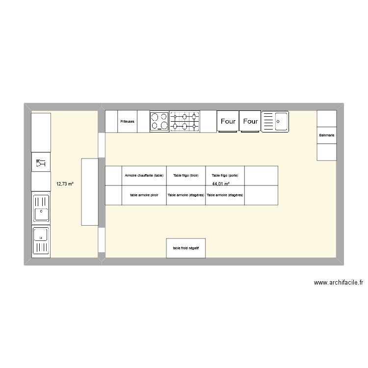 TFE cuisine. Plan de 2 pièces et 57 m2