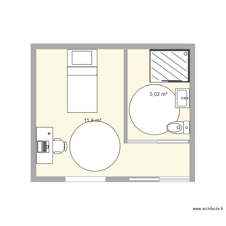 Léo L. Chambre+SDB. Plan de 2 pièces et 17 m2