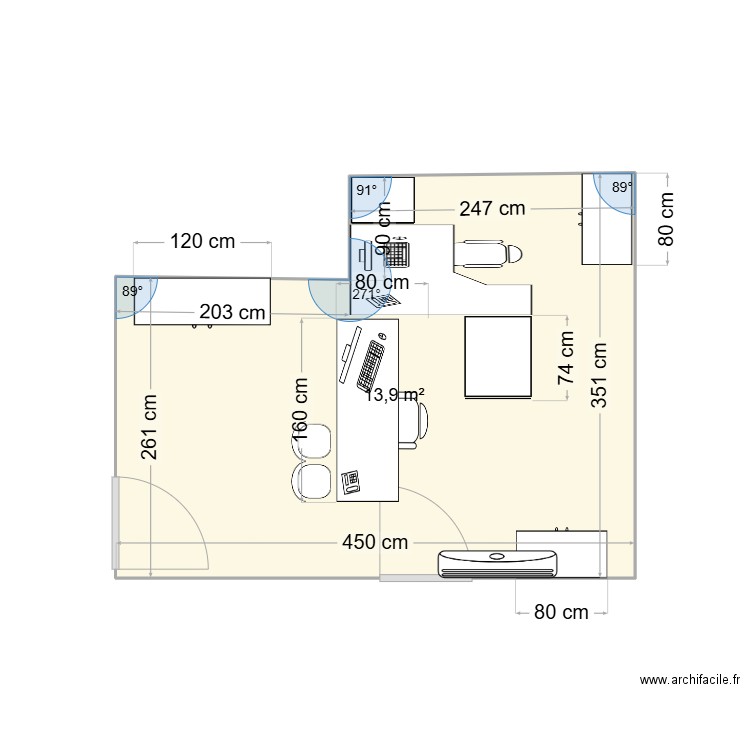 Bureau PE. Plan de 1 pièce et 14 m2