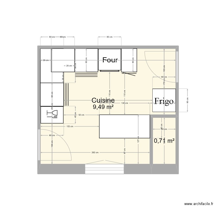 cuisine. Plan de 2 pièces et 10 m2