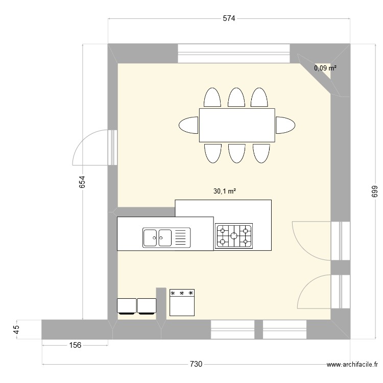 énov cuiqsine. Plan de 2 pièces et 30 m2