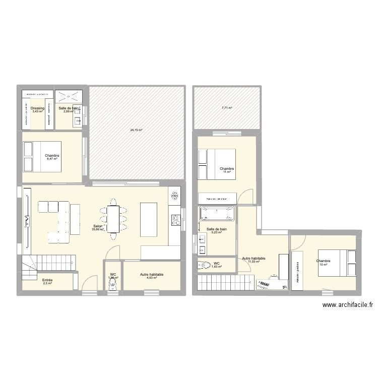 Projet 1 - Maison LW. Plan de 14 pièces et 130 m2