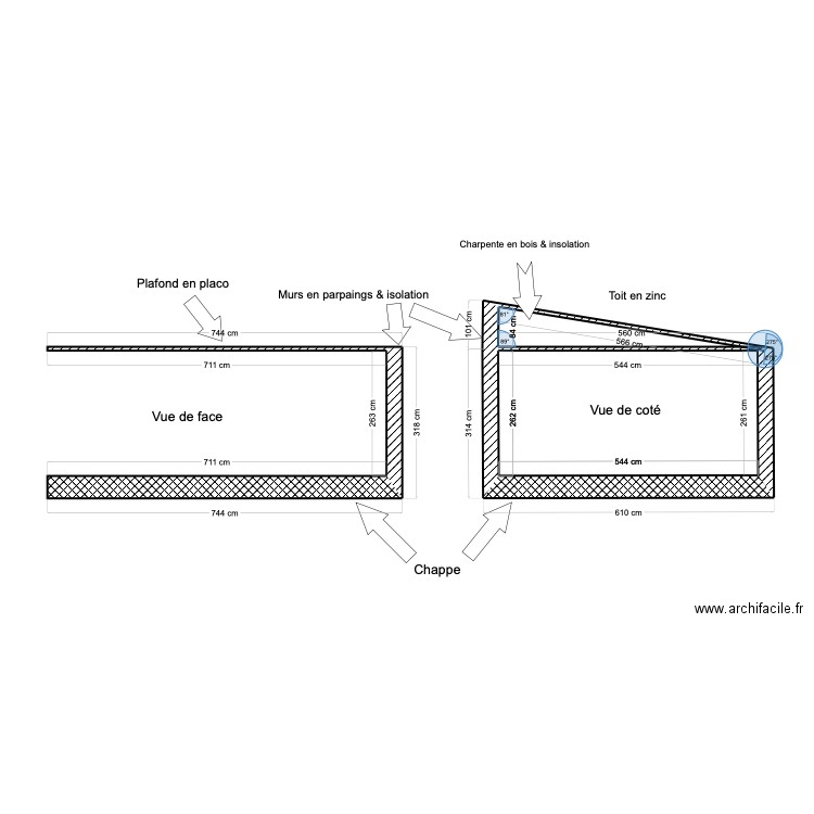 Vues de coupe Extension. Plan de 2 pièces et 16 m2