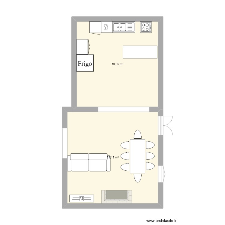 RDC. Plan de 2 pièces et 42 m2