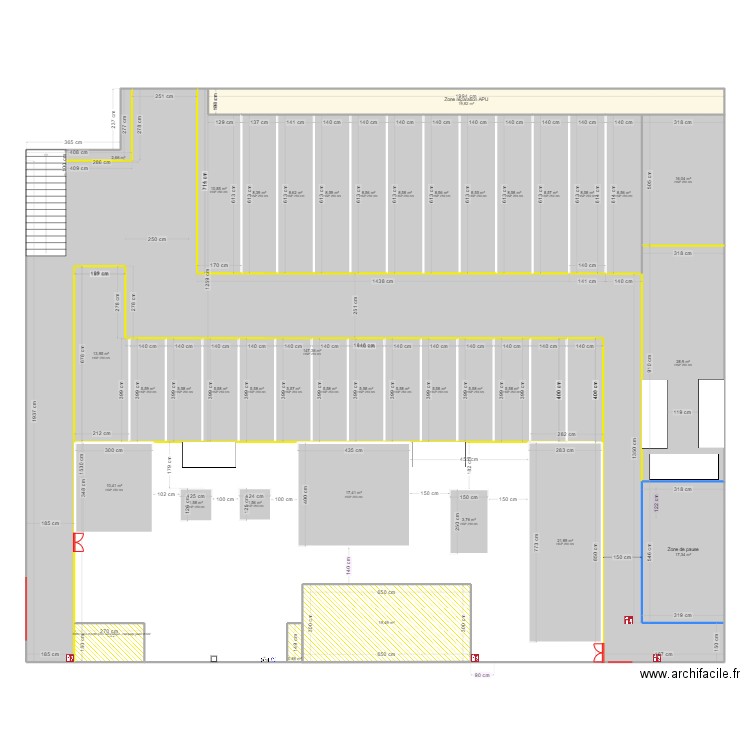 Plan zone marquage temporaire. Plan de 39 pièces et 493 m2