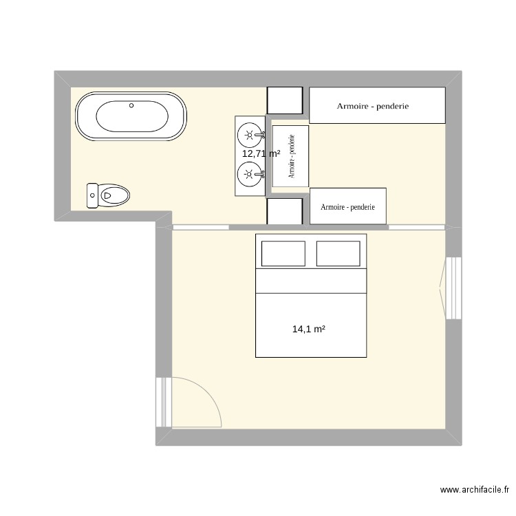 MasterBedroom. Plan de 2 pièces et 27 m2