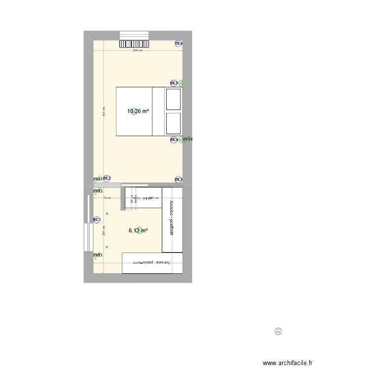 chambre eclairage cable. Plan de 2 pièces et 16 m2