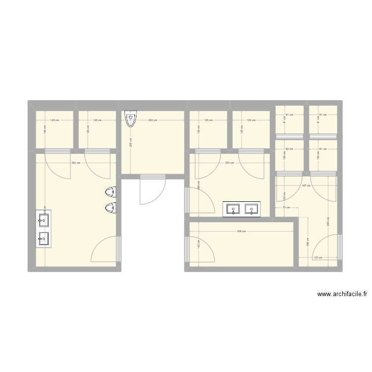 sanitaire. Plan de 13 pièces et 36 m2