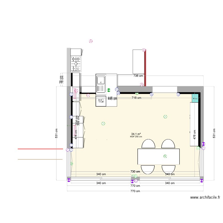 Extension cuisine avec électricité. Plan de 1 pièce et 34 m2