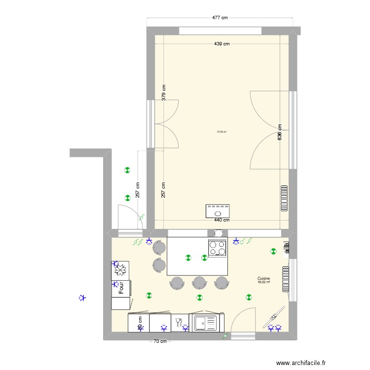 Cuisine travaux 6 Placement des équipements. Plan de 2 pièces et 46 m2