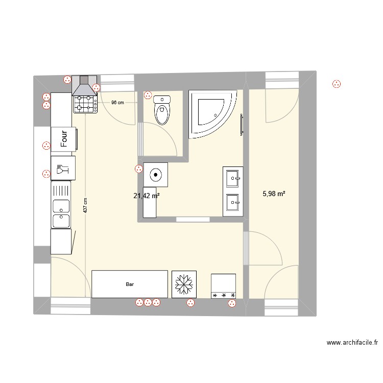 Cuisine/Salle de bain. Plan de 2 pièces et 27 m2