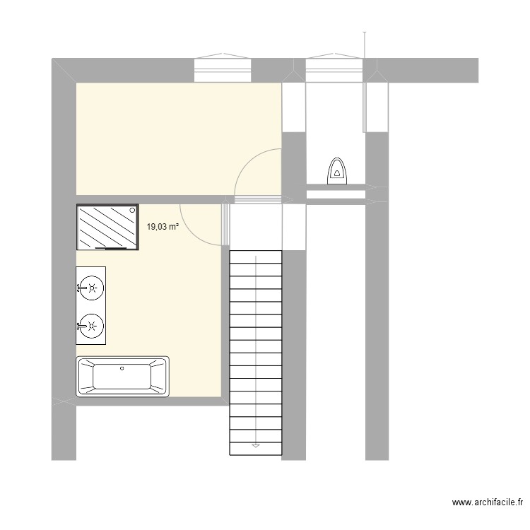 sdb toilette ac sdb sans fenetre. Plan de 1 pièce et 19 m2