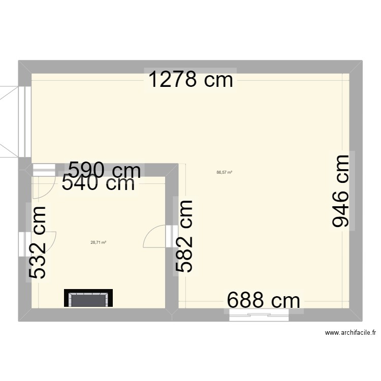 104 B brut coté. Plan de 2 pièces et 115 m2