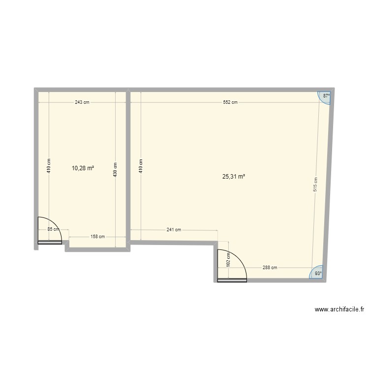 Bureau 1 & 2. Plan de 2 pièces et 36 m2