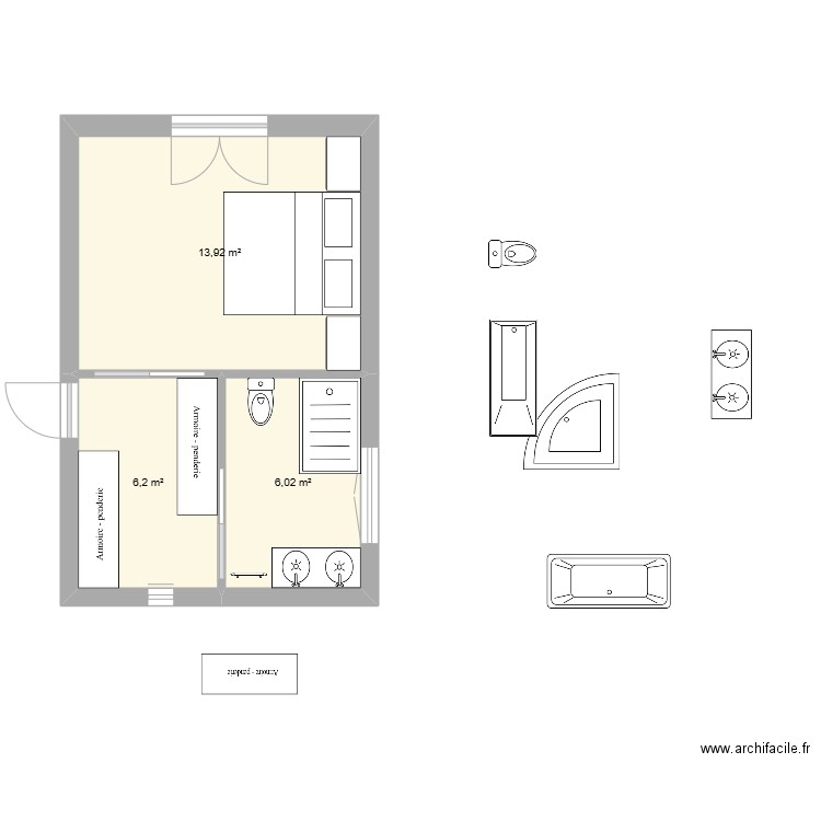 suite P2. Plan de 3 pièces et 26 m2