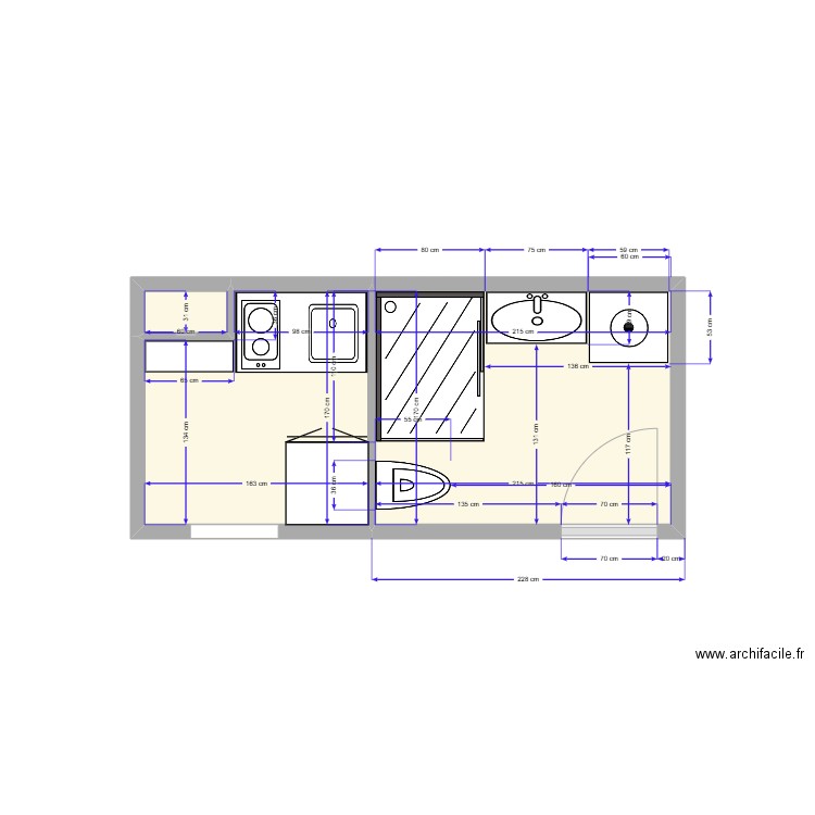 Cuisine/sdb 42. Plan de 3 pièces et 6 m2