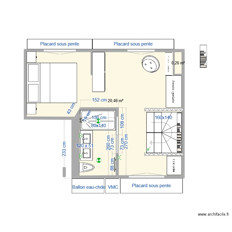 8ème. Plan de 3 pièces et 24 m2