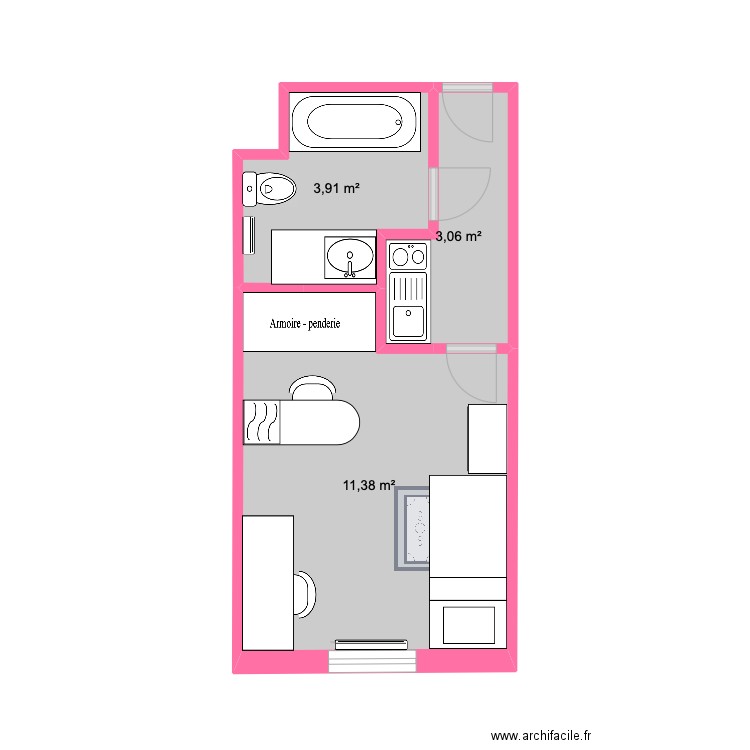 Studio étudiant témoin n°1. Plan de 3 pièces et 18 m2