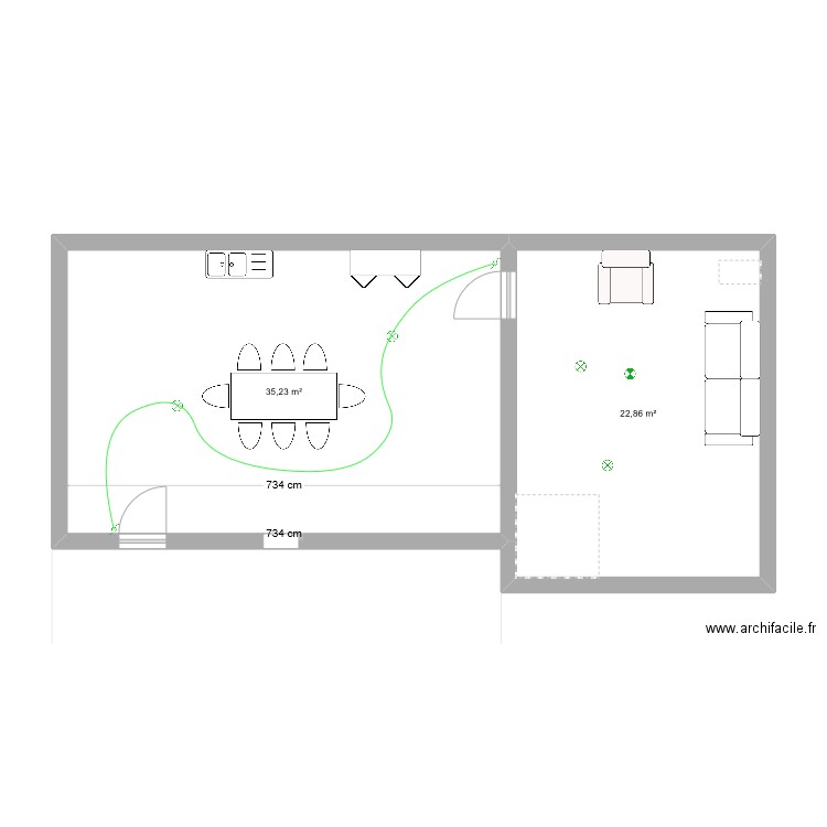 banane. Plan de 2 pièces et 58 m2