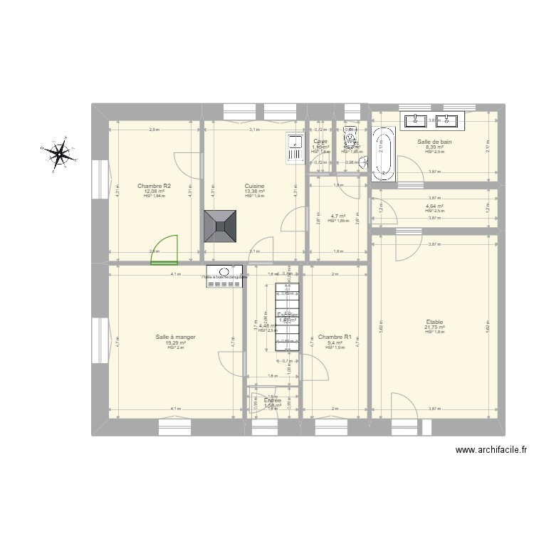 Leval RdC. Plan de 13 pièces et 104 m2