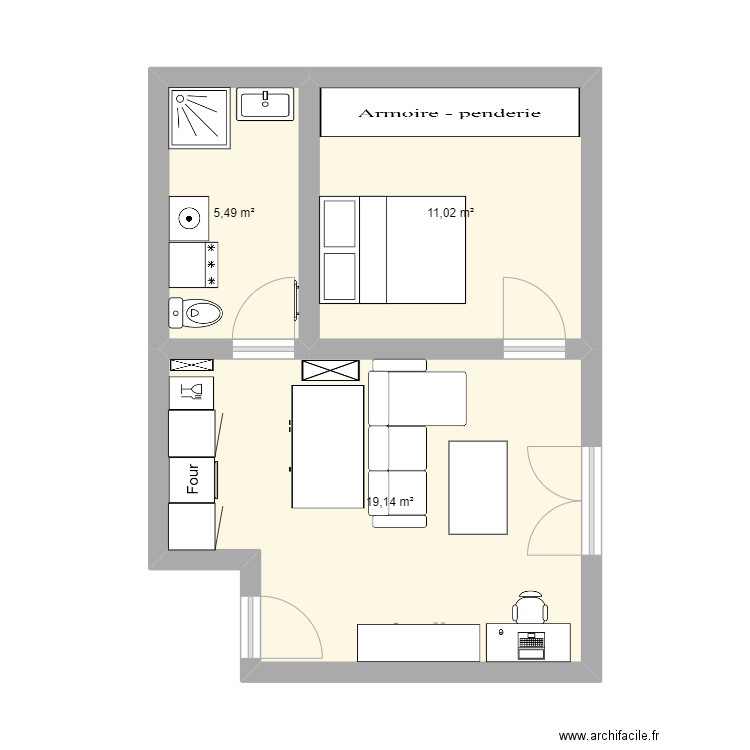 appart1. Plan de 3 pièces et 36 m2