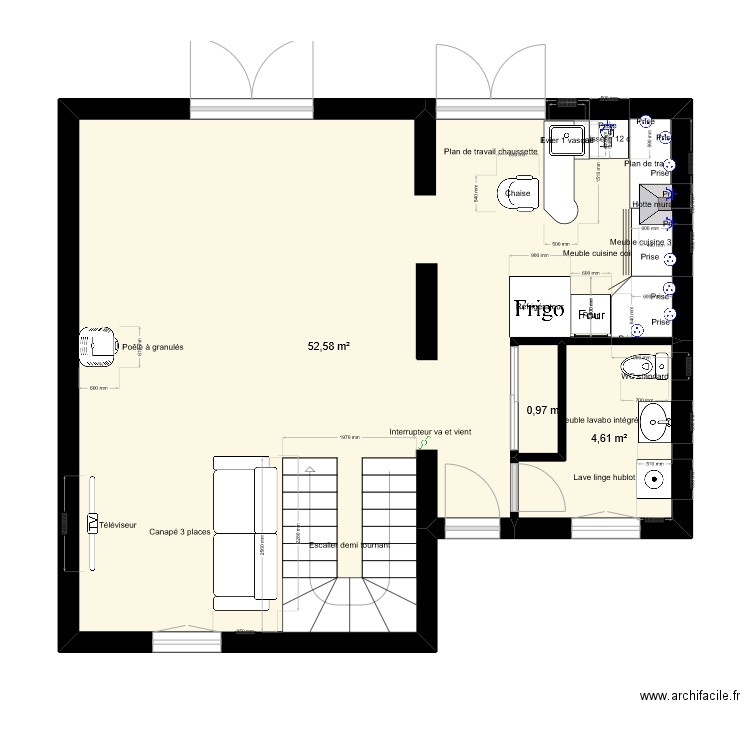 maison Bas. Plan de 3 pièces et 58 m2