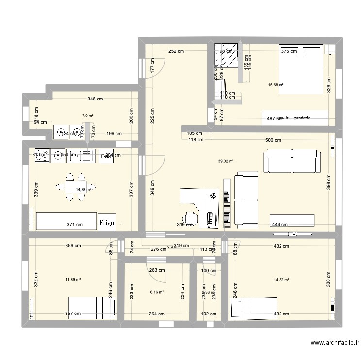 Plan PASSY avec mobilier. Plan de 9 pièces et 115 m2