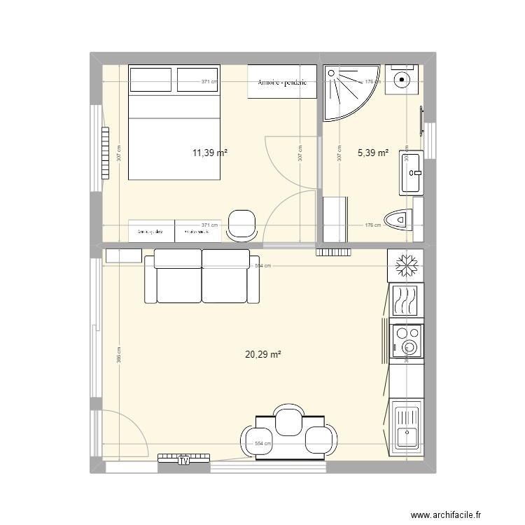 PLan globale PM meublé. Plan de 3 pièces et 37 m2